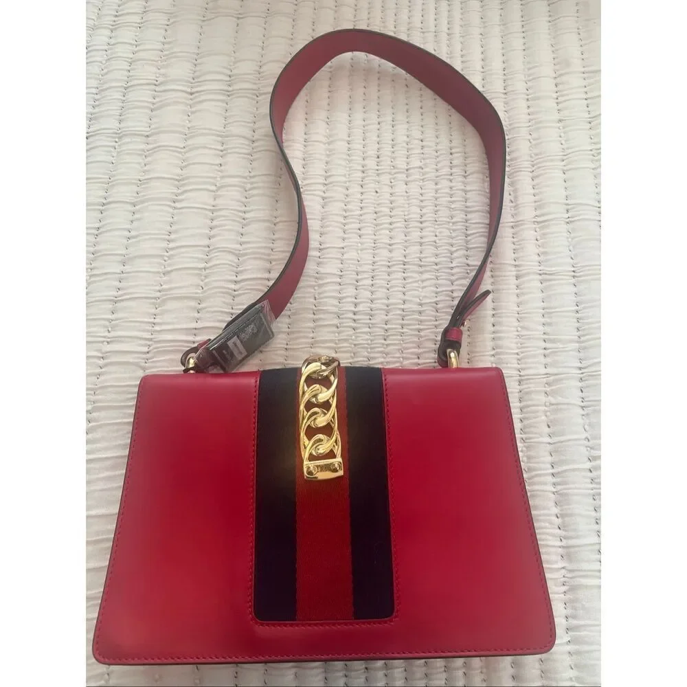 Authentic GUCCI Red Calfskin Leather Small Sylvie Shoulder Bag